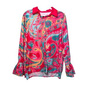 CherryBetty Paisley Button Front Blouse XL Pink Teal Retro Boho Bell Sleeve